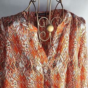 Orange Diamond Pattern Tunic 3/4 Sleeves Size L Chiffon